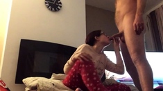 Nerdy cumslut in pyjamas gets another cumload