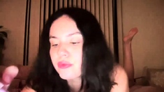 Amateur busty brunette masturbates and does hand job