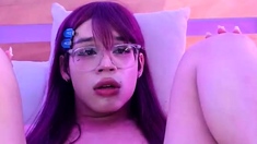 Chubby big tits shemale jerking her big cock