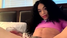 Big tit shemale jerks her long cock