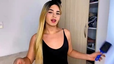 Big Tit Shemale Jerks Her Long Cock