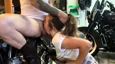 Skinny brunette MILF sucks and fucks a big cock