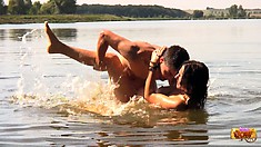 Erika And Karol Play Out In The Water And Get Naked And Horny