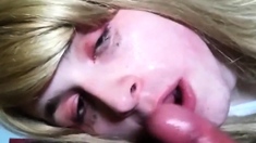 young blonde sissy crossdresser swallows huge load